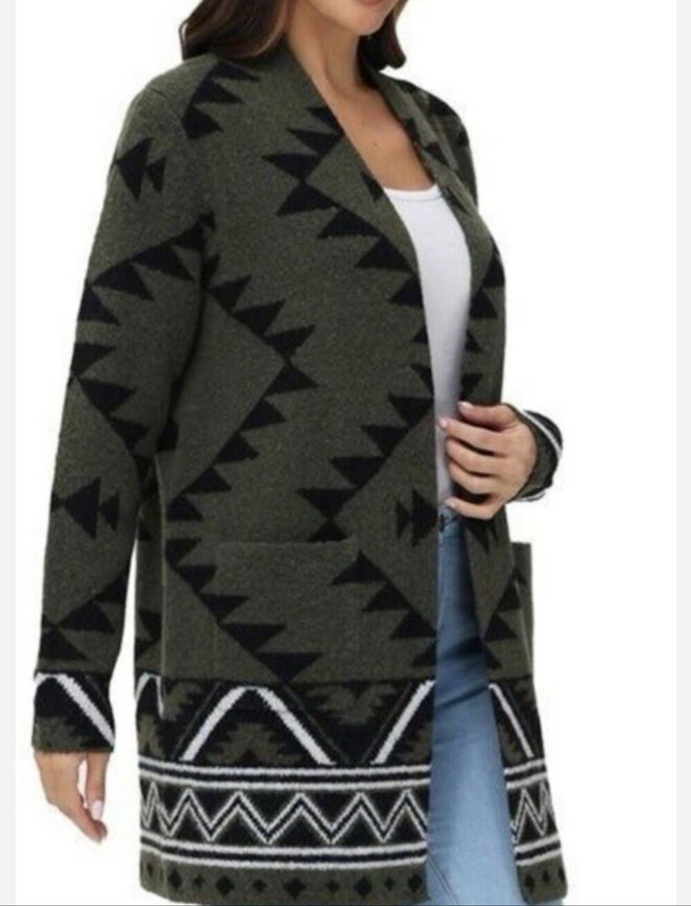 Frye Olive Green and Black Geometric Open-Front Cardigan